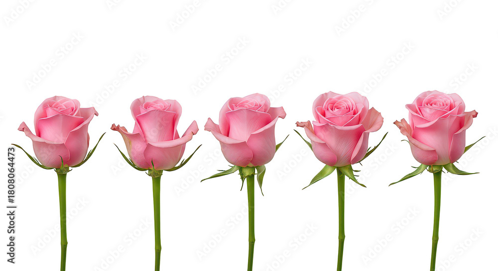 Obraz premium Five Pink Roses In A Row Isolated On Black Background