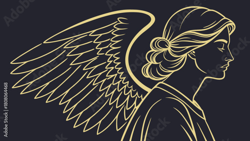 Golden angel with large wings and hair tied back in a bun on a dark blue background profile view image