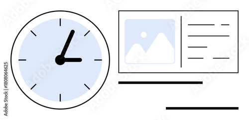 Clock representing time management next to a content interface for organization and planning. Ideal for productivity, efficiency, planning, scheduling, work-life balance, monitoring tasks, simple