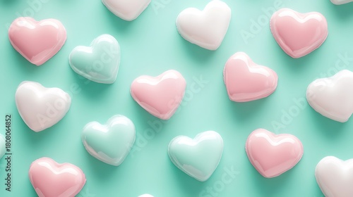 Glossy heart shapes in pink, white, and mint green arranged on a light teal background, forming a lovely decorative pattern