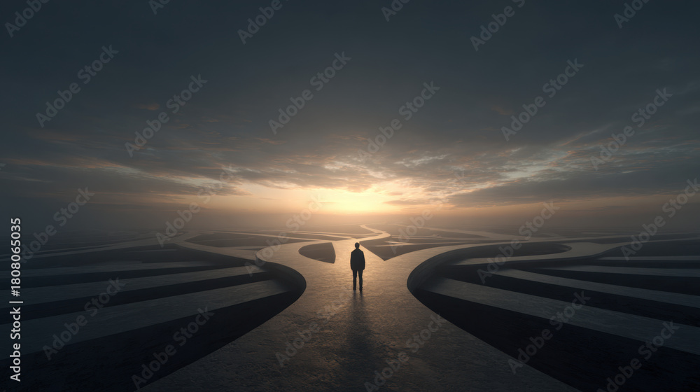 Fototapeta premium Solitary man standing at crossroads with winding paths toward glowing horizon, contemplative mood and dramatic sky at sunrise