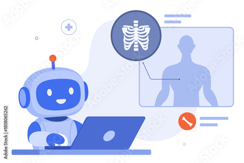 AI medical chatbot is working on a laptop, analyzing medical images like X-rays of a human skeleton. Radiology automation illustration concept.