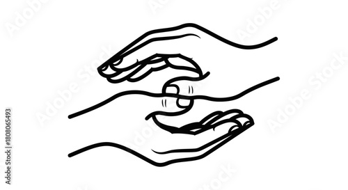 Two hands are depicted in a gesture of holding or protecting something, possibly a symbol.