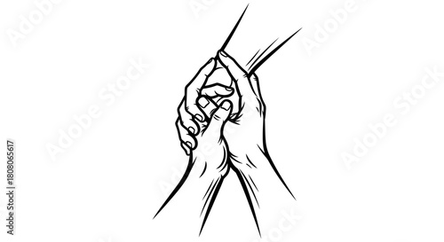 Two hands firmly grasping each other, illustrating concepts of support, help, and rescue in a black and white line drawing.