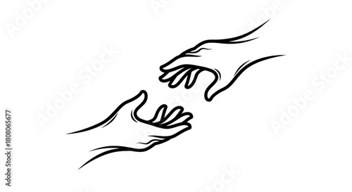 Two hands reaching towards each other, symbolizing connection, support, and assistance in a simple line drawing.