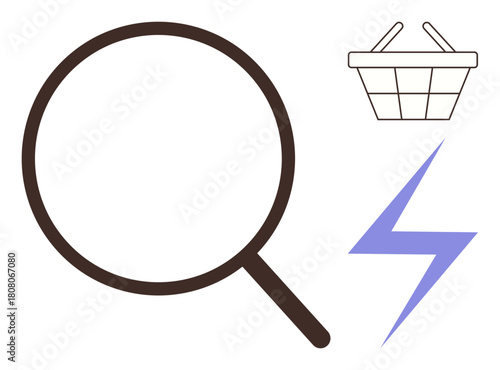 Magnifying glass, shopping basket, and lightning bolt emphasizing e-commerce, online shopping, fast delivery, product search, technology, retail and energy. Ideal for digital retail metaphors