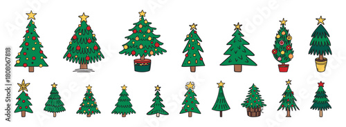 Christmas trees collection with stars and baubles, playful cartoon festive set, hand drawn.