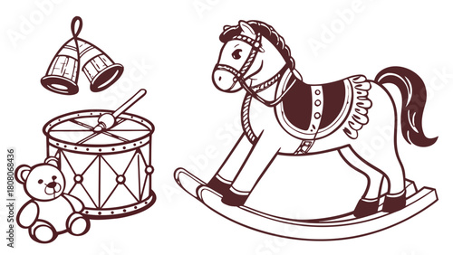 Vintage Line Art Toys Vector, Rocking Horse, Drum, Teddy Bear. A line art vector illustration in dark brown, featuring a collection of vintage toys: a decorated rocking horse, a toy drum with sticks, 
