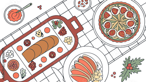 Festive Holiday Dinner Flat Lay with Roast and Tart Vector, Illustration of a festive dinner table setting, featuring a roasted meat platter, a savory tart, sliced meats, sauces, berries, 