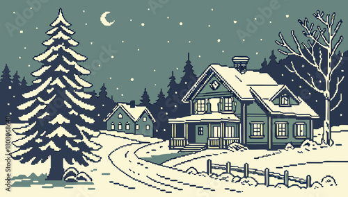 Pixel Art Snowy Winter Village Night Vector, A pixel art illustration depicting a serene snowy winter village scene at night, with houses, a large Christmas tree, falling snow under a crescent moon