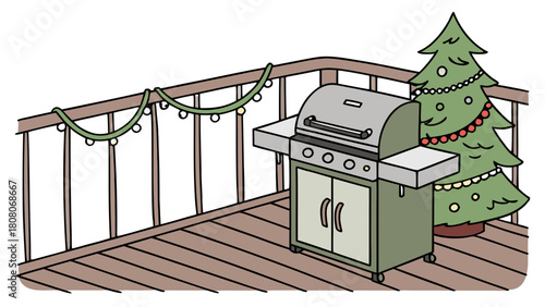 Summer Christmas BBQ on Deck with Grill and Decorated Tree Vector, A line art illustration showing a gas barbecue grill and a decorated Christmas tree on a wooden deck, complete with festive garland
