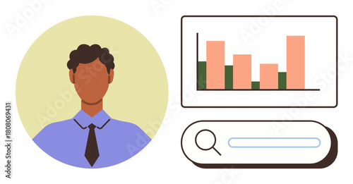 Portrait of a person in formal attire next to a bar chart and a search bar, signifying data analysis, business solutions, and research. Ideal for analytics, productivity, career growth, technology