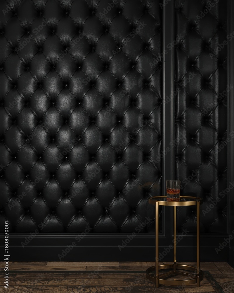 Obraz premium Elegant Black Leather Tufted Wall with a Side Table and Whiskey Glass in a Luxurious Setting