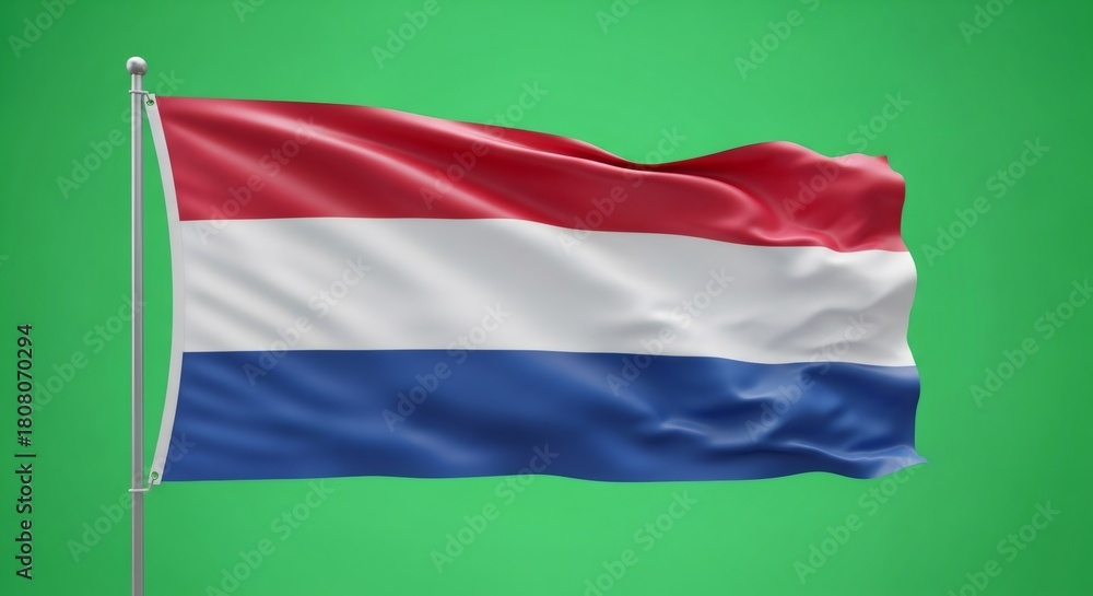 Naklejka premium Dutch flag waving on a pole on a green screen. Chroma key ready background for patriotic content. National day and independence day concept.