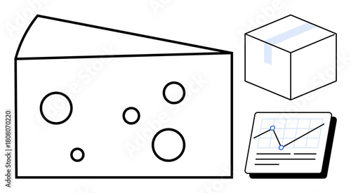 Large cheese wedge with round holes, sealed package box, and chart with data points. Ideal for food manufacturing, logistics, supply chain, packaging, inventory technology research. Simple flat