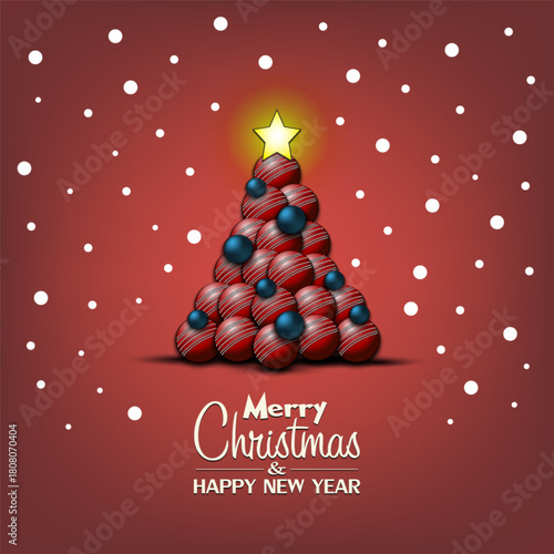 Merry Christmas and Happy New Year. Christmas tree made of cricket balls. Snowflakes on the background. Greeting card design template with for new year. Vector illustration