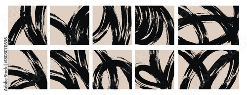 Minimalistic black doodle abstract background, hand drawn sketch collection of curves, lines, pattern shapes, stripes, freehand monochrome pastel geometric vector template, isolated light gray