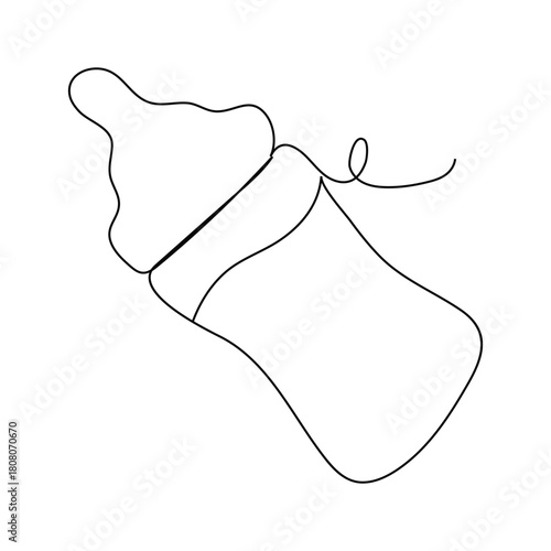 Continuous single line drawing of kitdes baby bottle with handle and nipple, minimal modern contour illustration design.