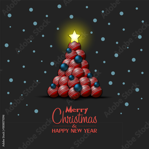 Merry Christmas and Happy New Year. Christmas tree made of cricket balls. Snowflakes on the background. Greeting card design template with for new year. Vector illustration