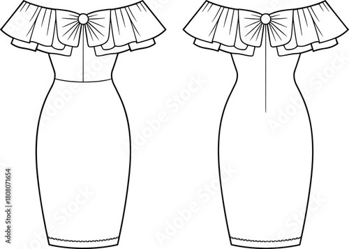 Fashion Flat Sketch Off-Shoulder Sheath Dress, Ruffled Neckline Detail with Central Bow, Technical Drawing Vector Illustration, Cocktail Apparel Template.