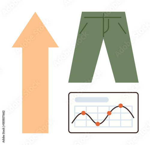Upward orange arrow beside green pants and rising graph chart representing success, progress, and growth. Ideal for business, retail, fashion, trends, data economy marketing. Simple flat metaphor