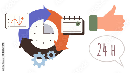 Circular arrows around a clock, analytics graph, calendar, gears, thumbs-up, and 24H text. Ideal for planning, productivity efficiency time tracking workflow business teamwork. A simple flat