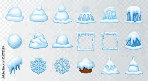 Snow caps, snowy ice and frozen icicles, vector cartoon icons, isolated on transparent background