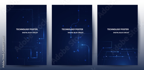 Abstract Blue Digital Technology Background with Circuit Board Lines and Glow Effect For Technology Poster Set