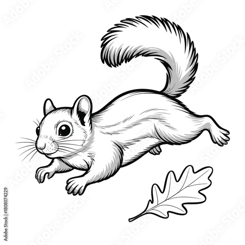 Whimsical black and white illustration of a playful squirrel with an oak leaf