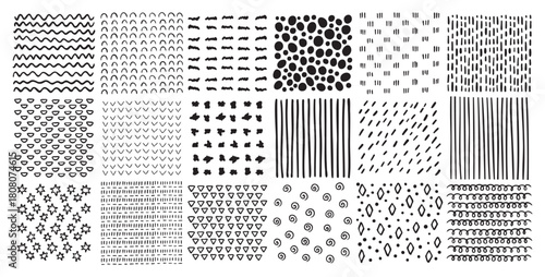 Square patterns set. Hand drawn doodle style patterns. Hatched squares abstract drawing technic, geometric shapes strokes