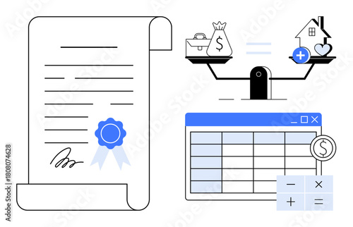 Financial management. Financial icons spreadsheet calculation and legal agreement. Financial processes balance elements thumbs up investment, real estate, and savings. Use for finance, business