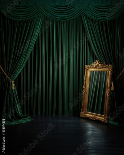 Elegant gold framed mirror on stage with dark green curtain backdrop and theatrical lighting