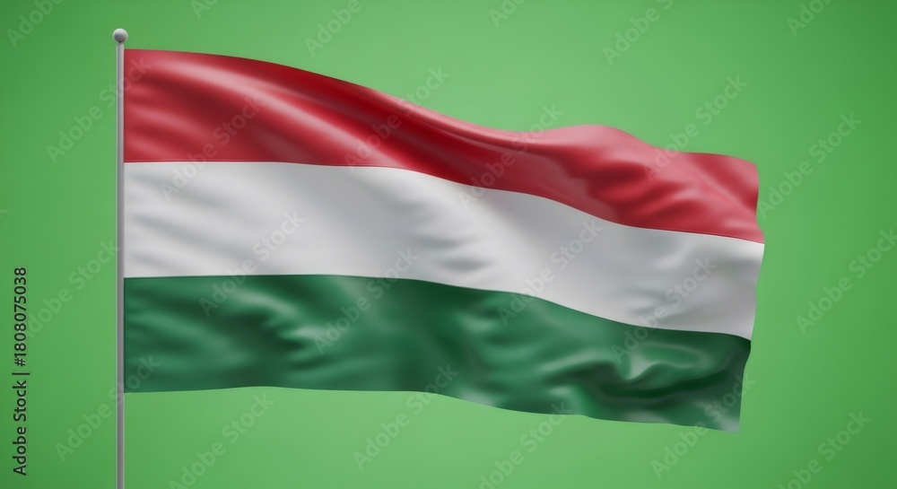 Obraz premium Hungary flag waving on a green background for chromakey. National symbol for independence day and patriotic events.
