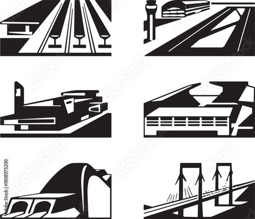 Set of abstract black and white vector icons representing transportation and architecture infrastructure, including airport runway, suspension bridge, and futurist buildings graphics