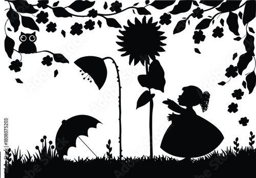 Whimsical black silhouette of a little girl reaching for sunflowers in a magical garden, framed by flowering vines, with a cute owl and umbrella graphic