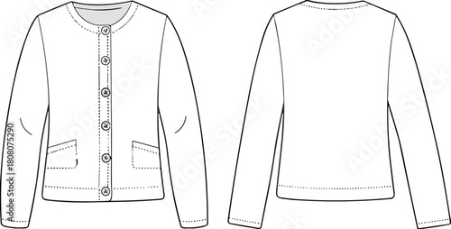 Women's classic round neck cardigan technical flat sketch, featuring long sleeves, front button closure, patched pockets, and detailed fashion vector illustration template