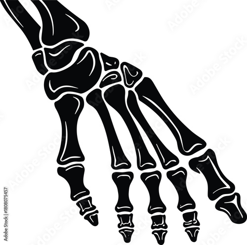 Black silhouette vector icon of a human skeleton hand, featuring wrist and finger bones, for medical anatomy, Halloween decoration, or gothic design graphics