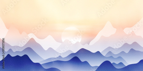 Minimalistic stylized landscape, mountain sunrise and sun, vector illustration