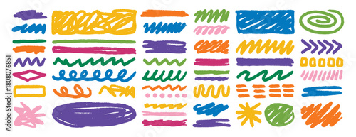 Hand drawn wax crayon doodle strokes colorful sketch art set