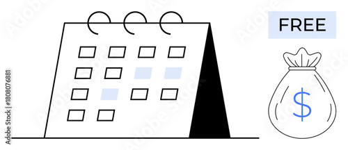 Tent-style calendar marked with blue squares, FREE tag, money bag with dollar sign. Ideal for scheduling, no-cost events, financial planning, budgeting, promotions, organization simple flat metaphor