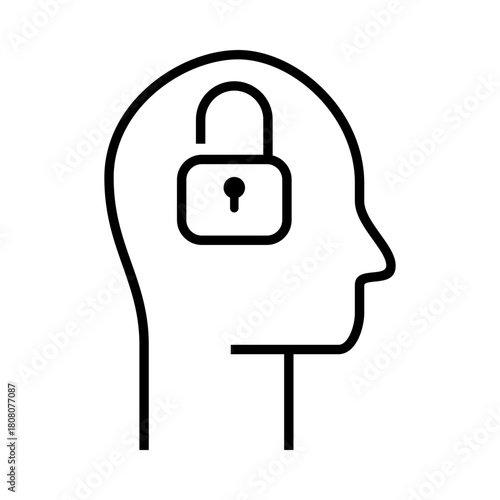 An outline illustration of a human head featuring an open padlock symbol, representing openness, free thinking, unlocked ideas, and mental freedom.