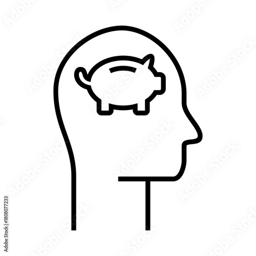 A simple line illustration showing a human head outline with a piggy bank inside, representing financial mindset and smart saving habits.
