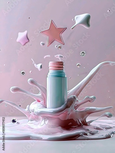 A cosmetic bottle is surrounded by a dynamic splash of pink and white liquid, with star shapes and droplets suspended in the air.