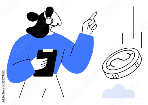 Woman with headset and clipboard pointing at descending coin as metaphor for finance, consulting, investment, decision-making, customer support, service, money management. Modern flat art style