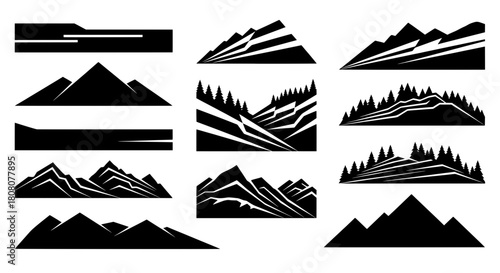 Set of abstract mountain and forest silhouettes in a dynamic style. Black vector graphic elements for outdoor adventure logos, banners, and modern branding.