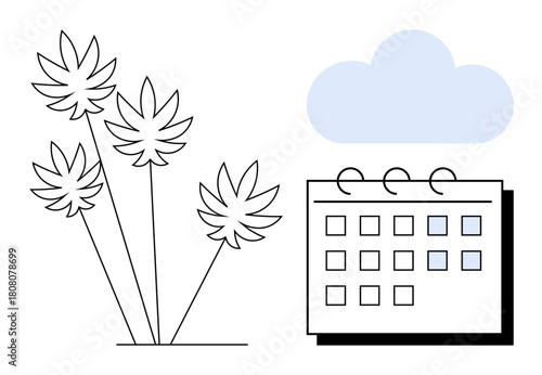 Palm trees, calendar with highlighted dates, and cloud representing planning, environment, sustainability, agriculture, time management, productivity, and eco-friendly practices as a simple flat