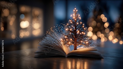Wallpaper Mural Magical Open Book with Glowing Christmas Tree and Bokeh Background Torontodigital.ca