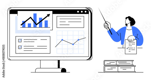 Graph charts, presentation slides on a computer screen, person pointing with a stick, papers in hand, and books stacked. Ideal for business, analytics, teaching, data presentation education