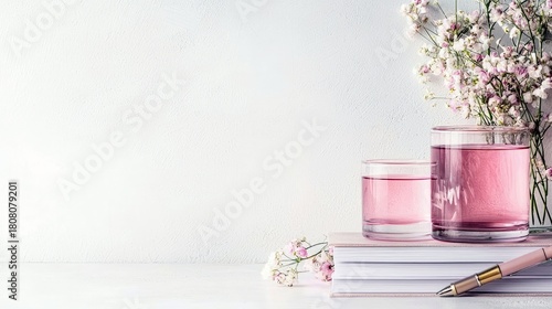A serene composition featuring delicate pink flowers, two glasses filled with pink liquid, and a pen placed on top of books.