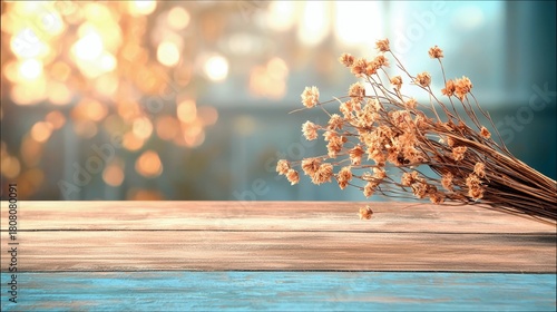 A bunch of dried wildflowers rests on a weathered wooden surface, with a blurred, warm bokeh background.